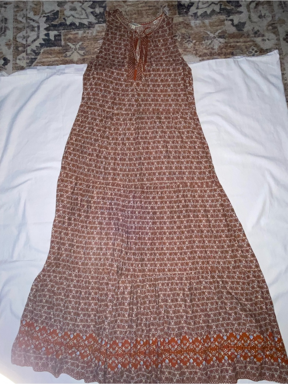 Max Studio Brown Patterned Maxi Dress with Orange Trim